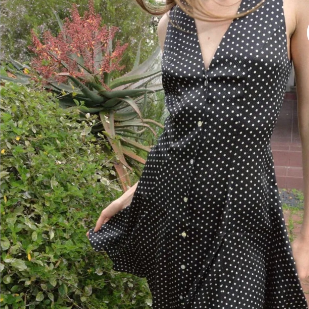 DOEN Aubrey pleated polka-dot silk blend twill mini dress, black and white.